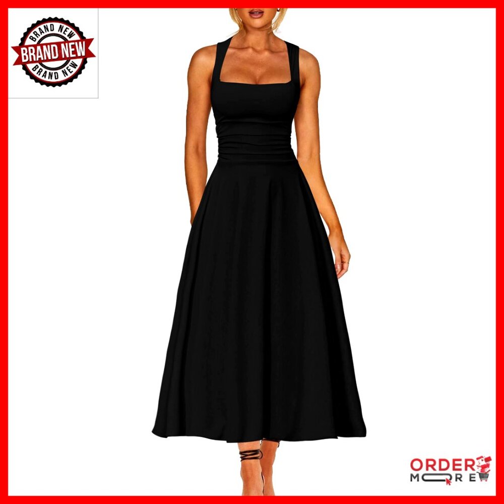 Square Neck Corset A Line Maxi Dress Ruffle Ruched Waist Flowy Chic